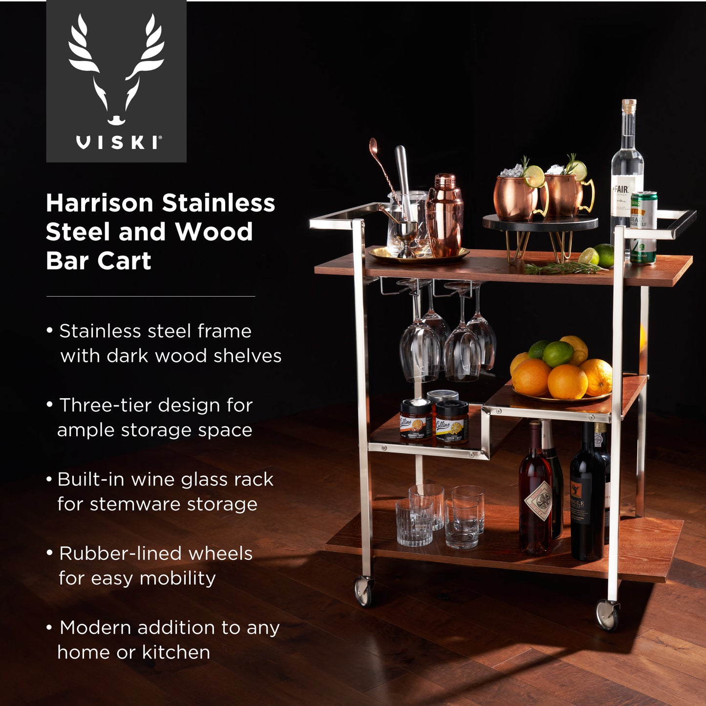 Harrison Stainless Steel and Wood Bar Cart Viski
