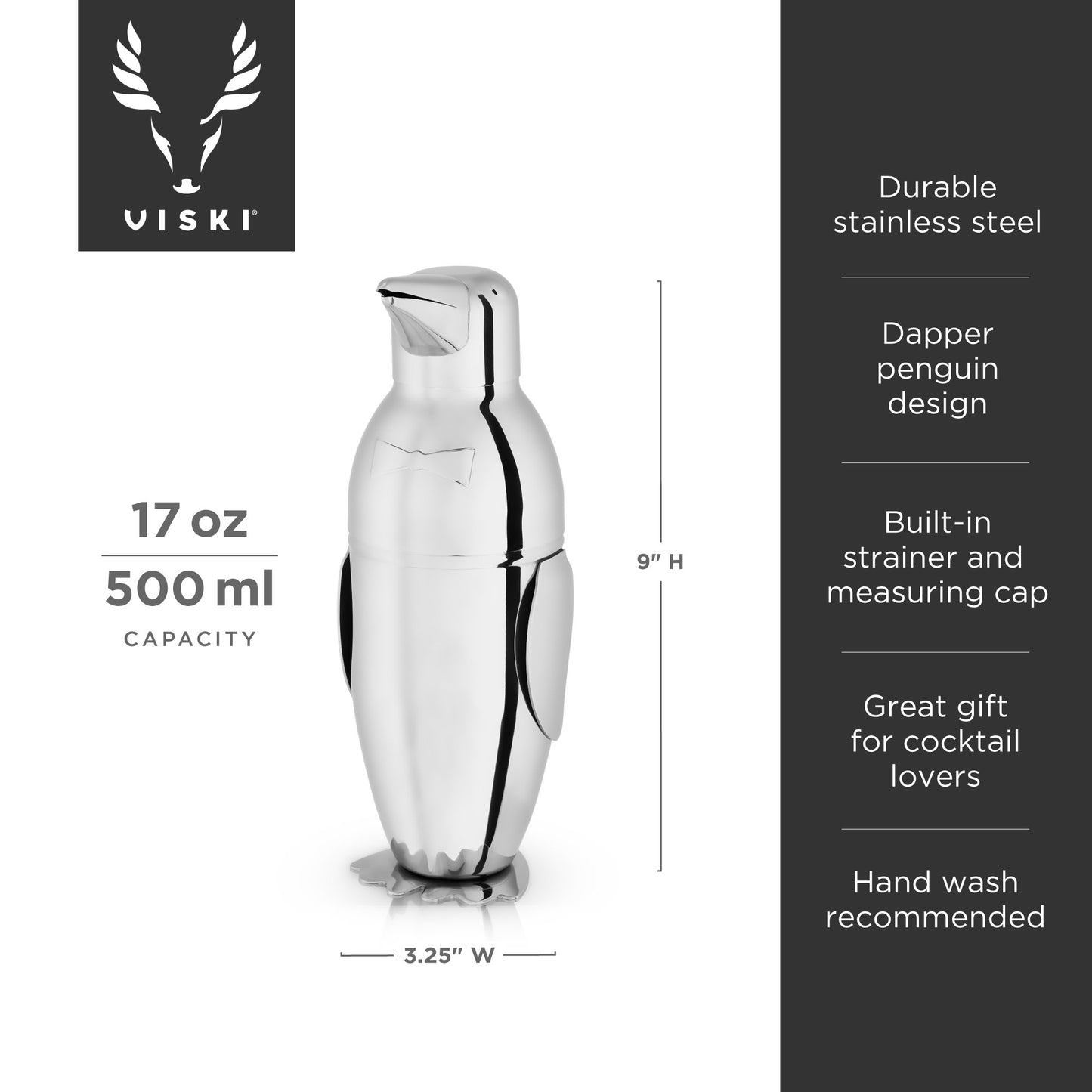 Professional Penguin Cocktail Shaker - 17oz Stainless Steel with Built-In Strainer