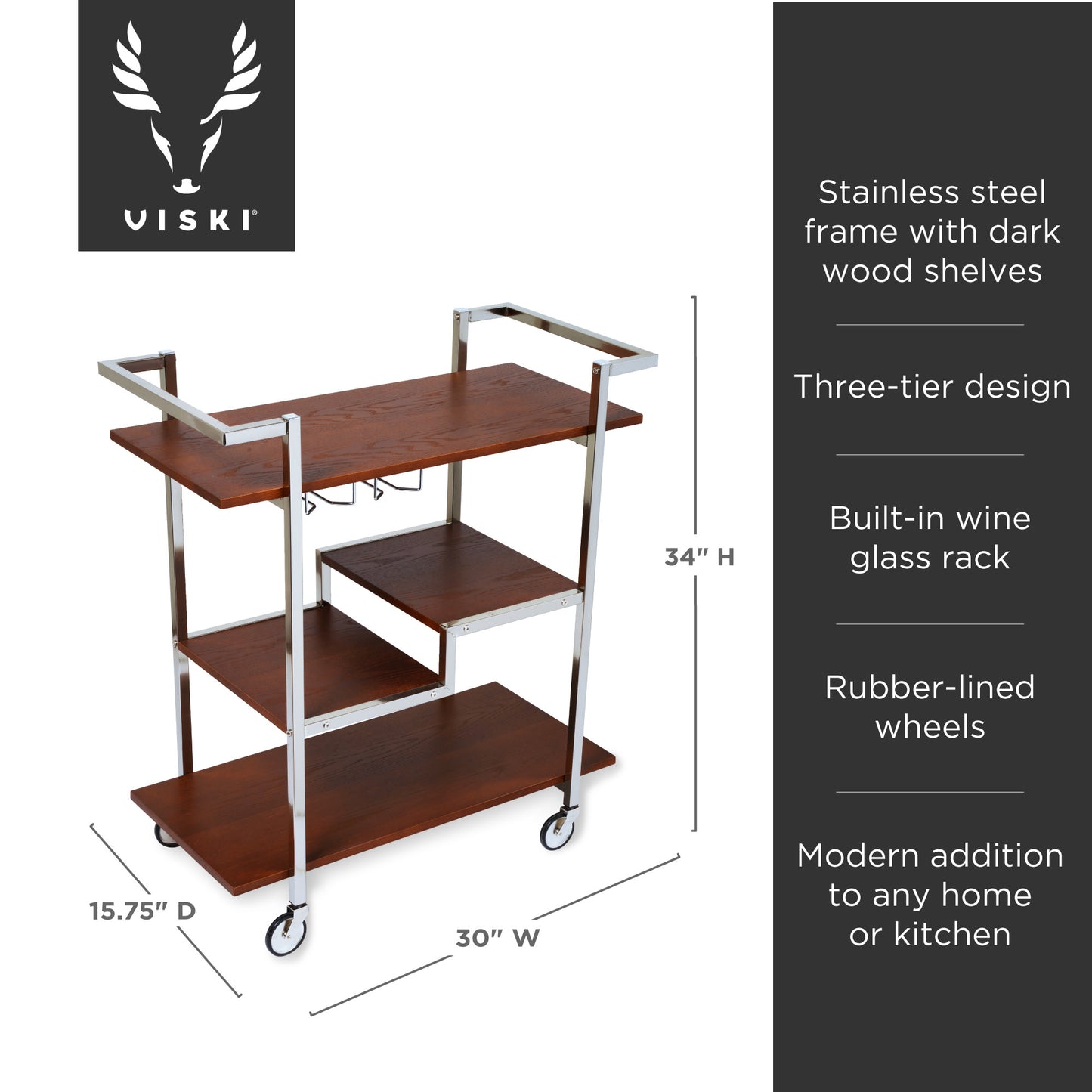 Harrison Stainless Steel and Wood Bar Cart Viski