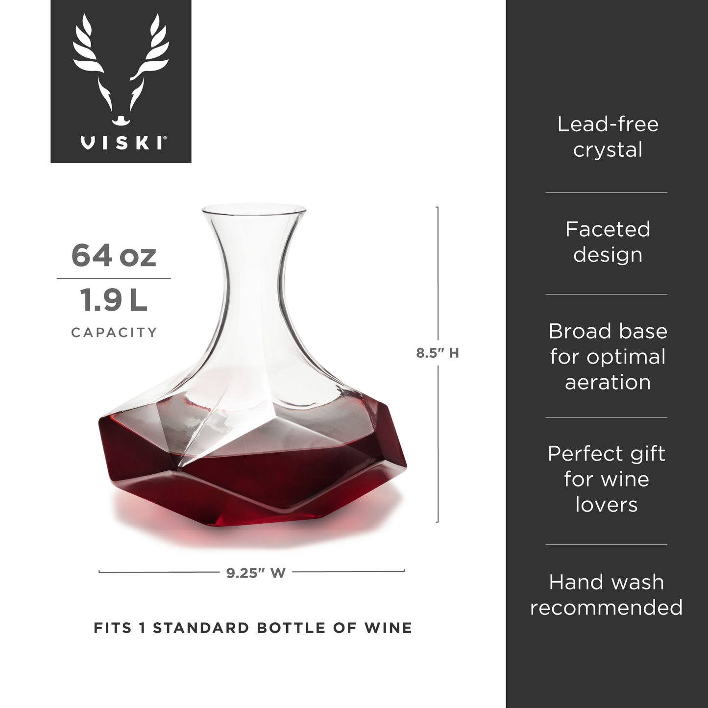 Viski Faceted Crystal Wine Decanter - Professional Lead-Free Wine Aerator with Star Base