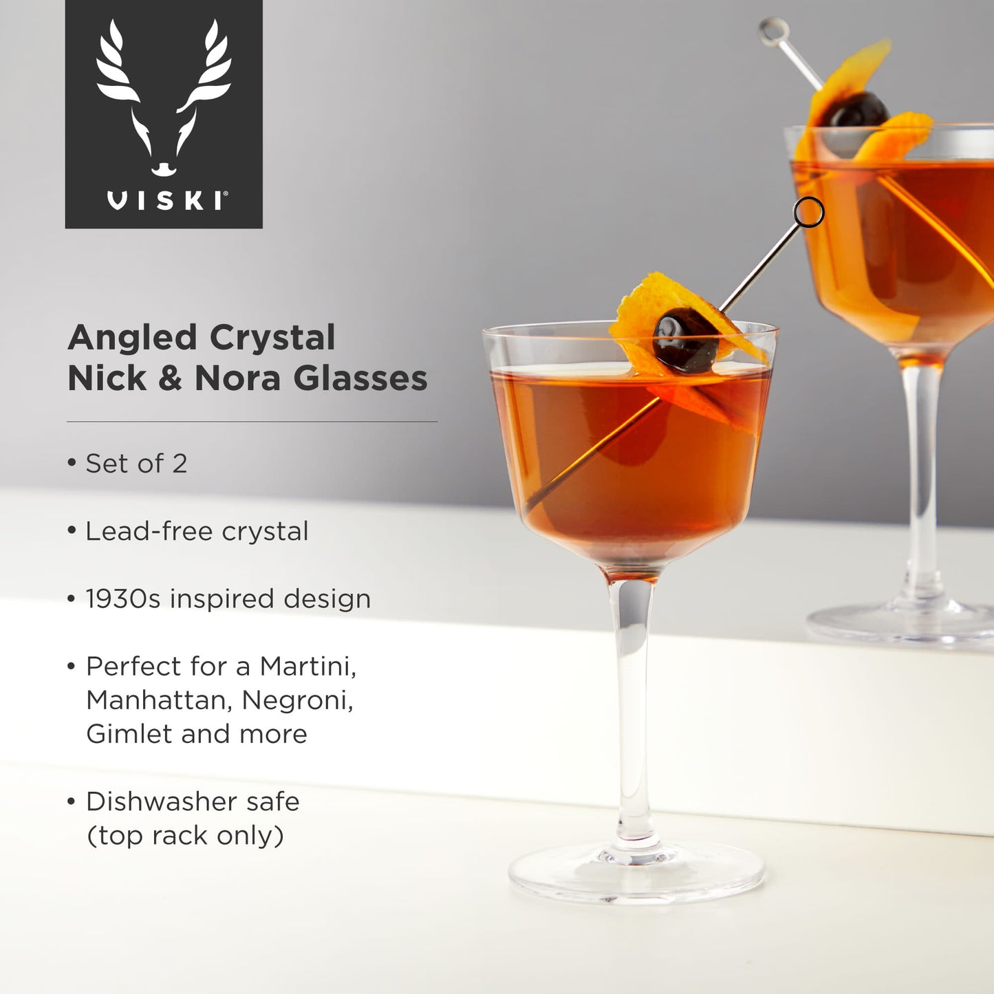 Nick & Nora Cocktail Coupes - Lead-Free Crystal Glasses Set of 2 | Viski