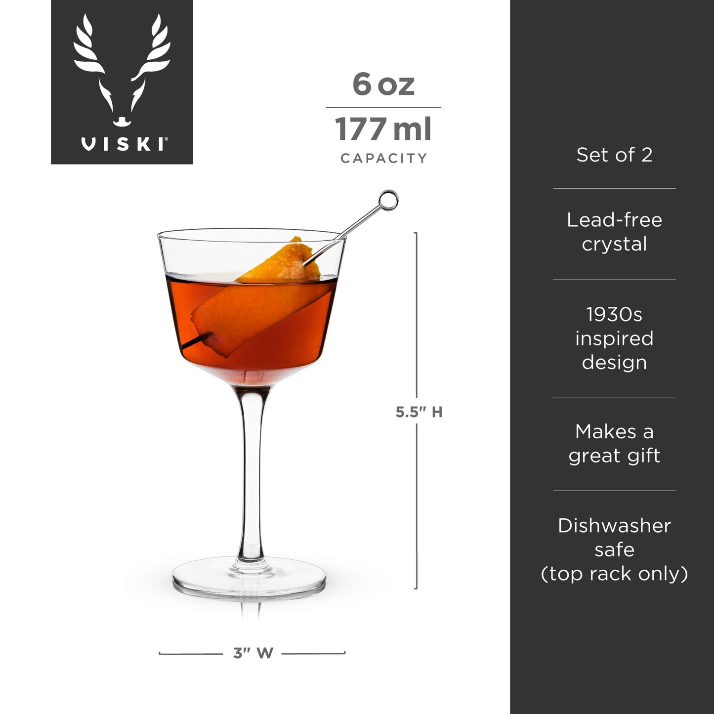 Nick & Nora Cocktail Coupes - Lead-Free Crystal Glasses Set of 2 | Viski