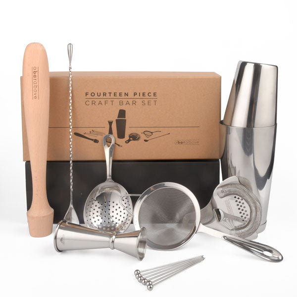 Professional Mixologist Bar Set - 14-Piece Stainless Steel Cocktail Kit with Boston Shaker, 3 Strainers & Hardwood Muddler