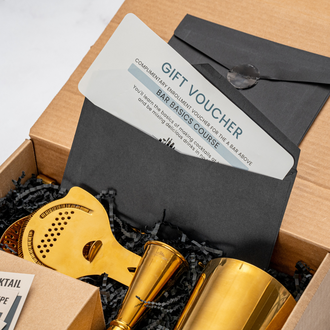 Professional Barware Gift Box - Complete Cocktail Tool Set with Bar Basics Course & Recipe Cards