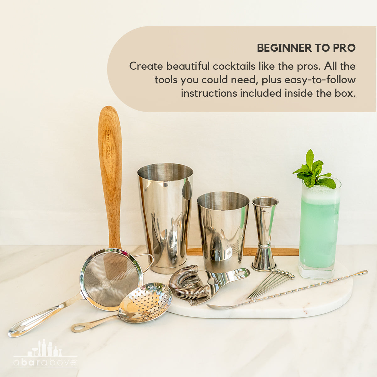Professional Mixologist Bar Set - 14-Piece Stainless Steel Cocktail Kit with Boston Shaker, 3 Strainers & Hardwood Muddler