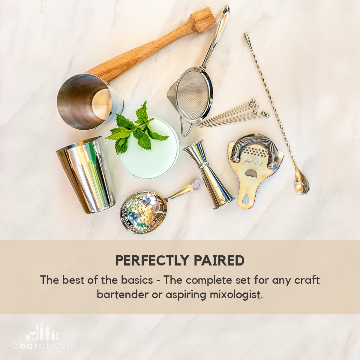 Professional Gold Mixologist Bar Set - 14-Piece Stainless Steel Cocktail Kit with Boston Shaker, 3 Strainers & Hardwood Muddler