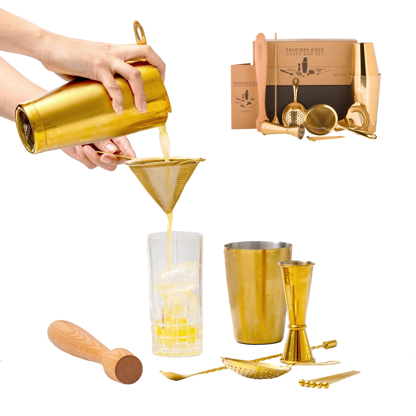 Professional Gold Mixologist Bar Set - 14-Piece Stainless Steel Cocktail Kit with Boston Shaker, 3 Strainers & Hardwood Muddler
