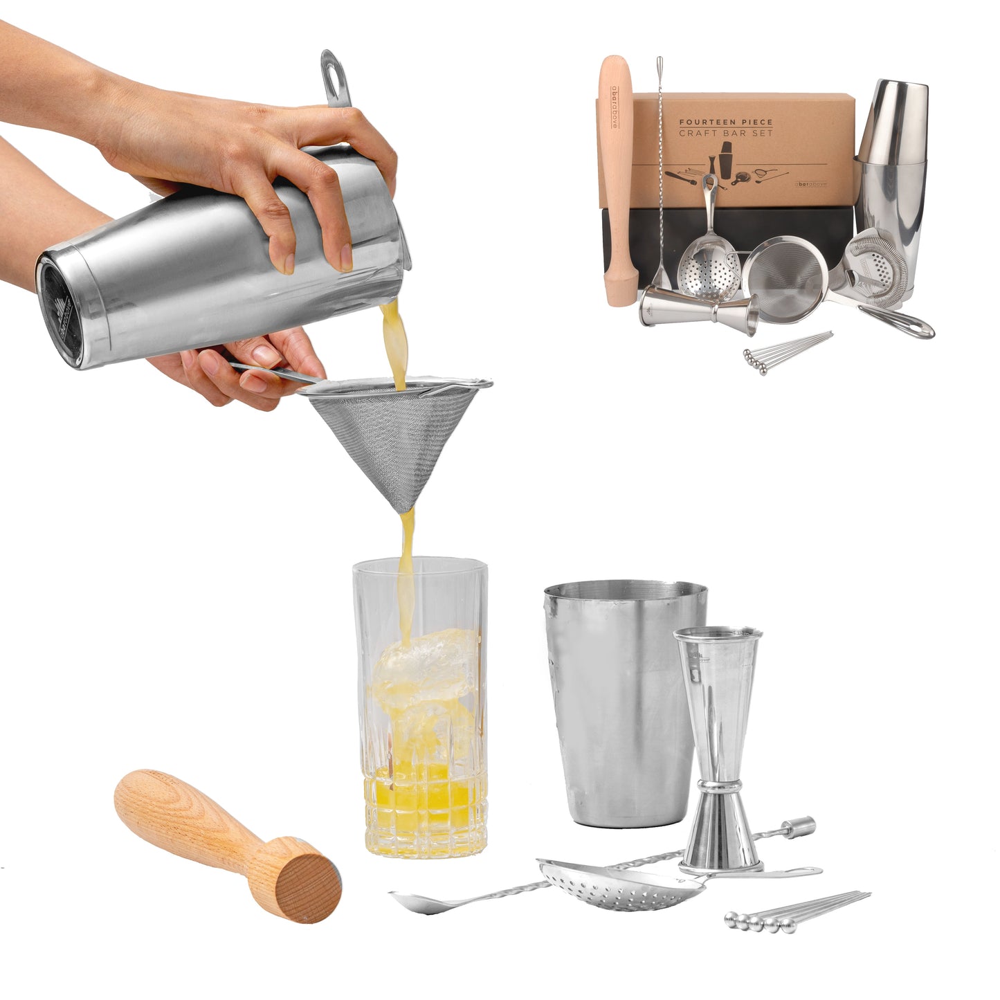 Professional Mixologist Bar Set - 14-Piece Stainless Steel Cocktail Kit with Boston Shaker, 3 Strainers & Hardwood Muddler