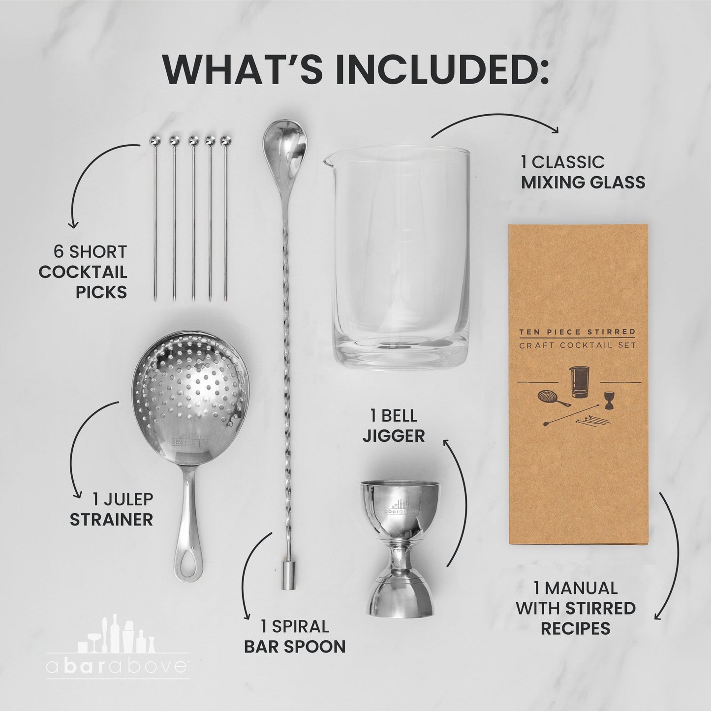 Professional Stirred Cocktail Mixing Set - 10-Piece Stainless Steel Bar Tool Kit with Mixing Glass, Julep Strainer & Bar Spoon