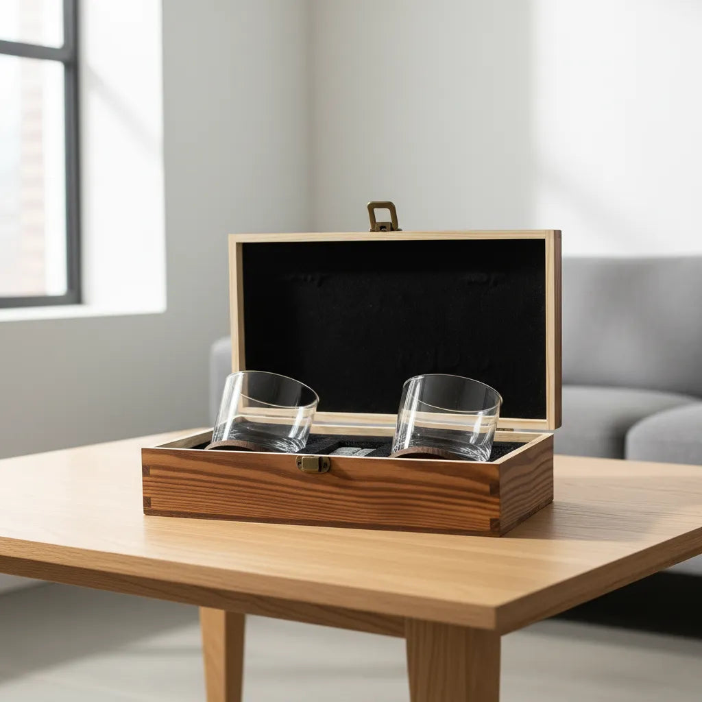 Whiskey Glass Set in Gift Wood Box | Push-Up Design Glasses with Whiskey Stones & Coasters | Barsonist