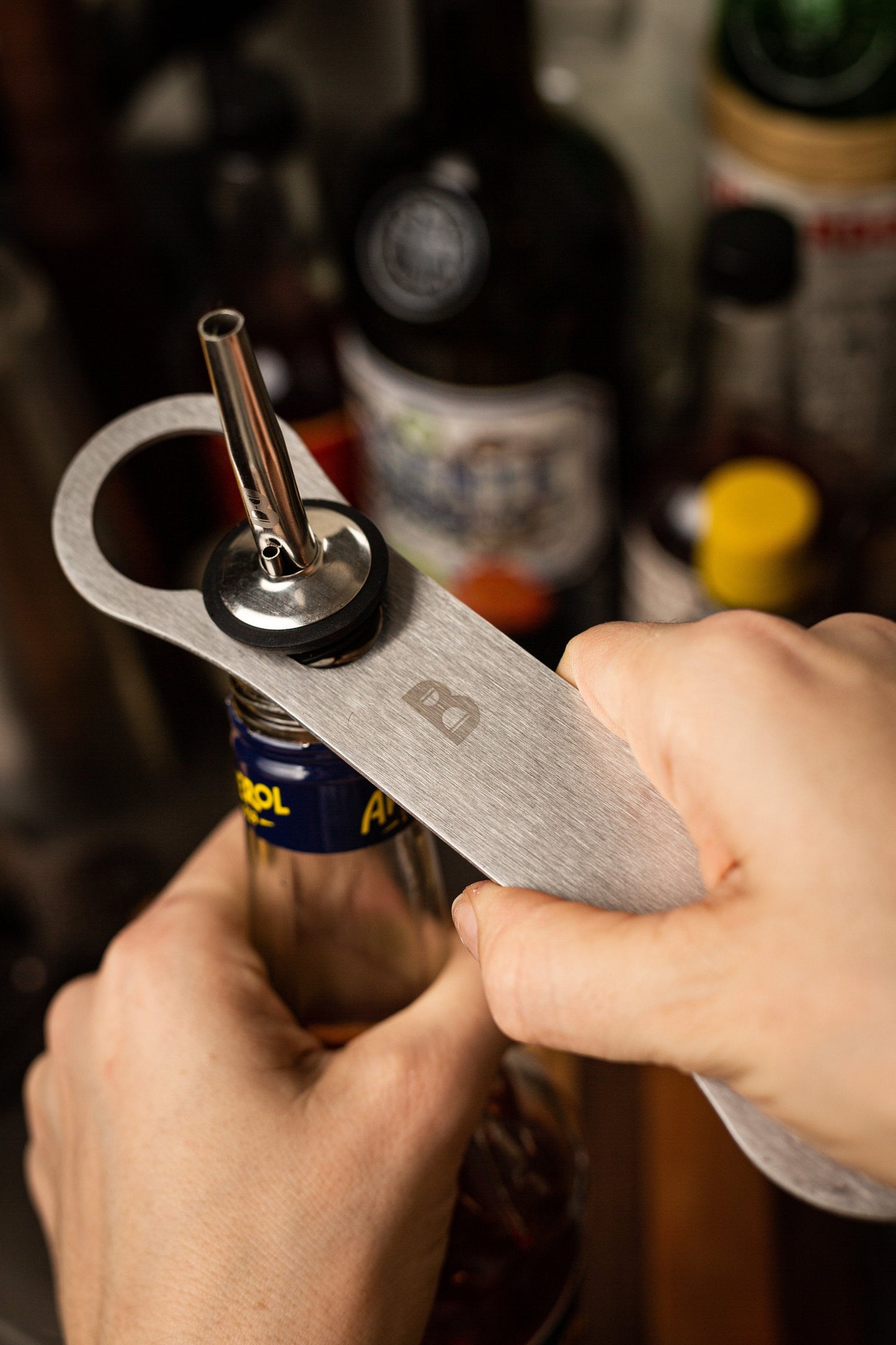 V Rod Bottle Opener | Professional Brushed Steel Bar Key with Speed Pourer Remover | Barsonist