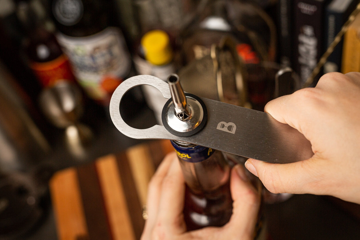V Rod Bottle Opener | Professional Brushed Steel Bar Key with Speed Pourer Remover | Barsonist