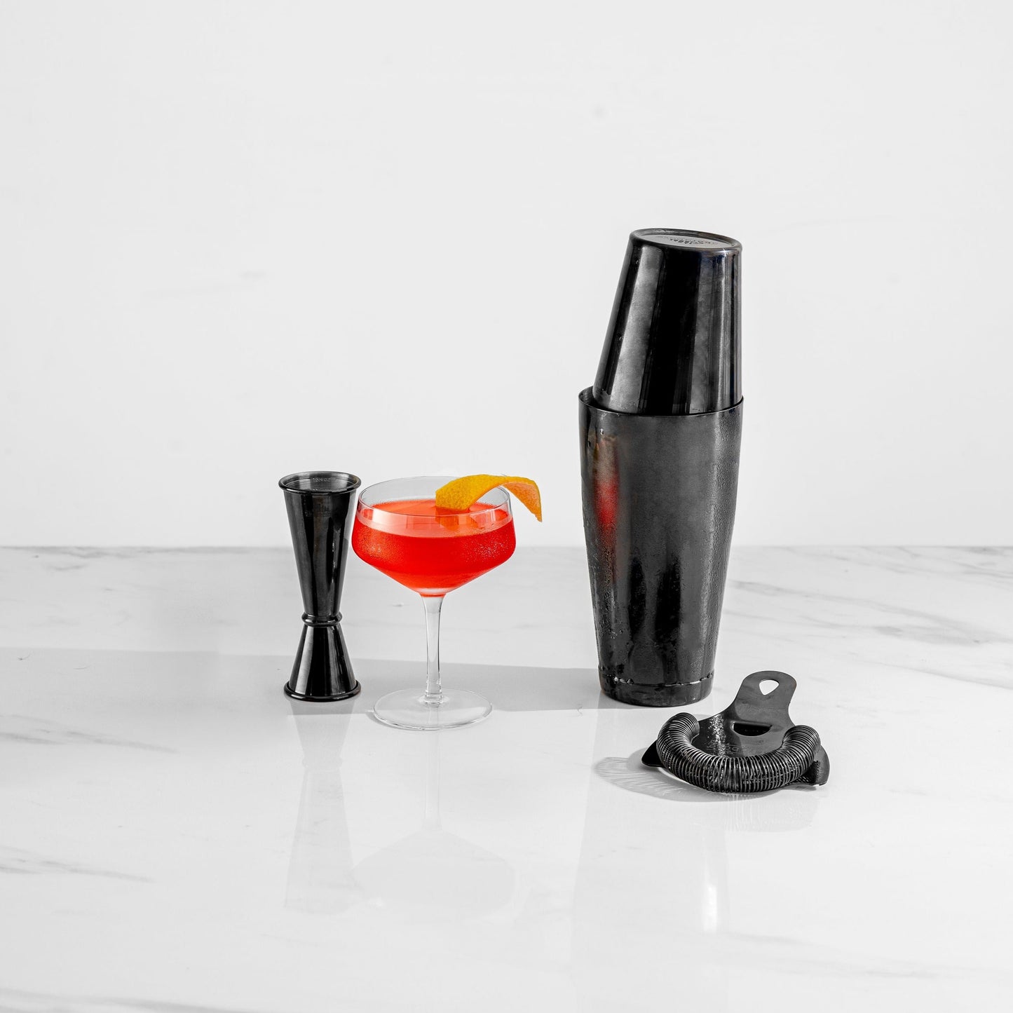 Professional Black Cocktail Shaker Set - 4-Piece Boston Shaker Kit with Hawthorne Strainer & Precision Jigger