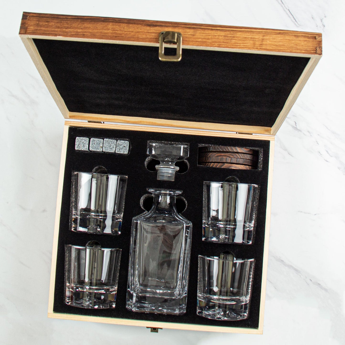 Classic Decanter Set with Engraved Wood Gift Box | Personalized Lead-Free Crystal Decanter & Whiskey Glasses | Barsonist