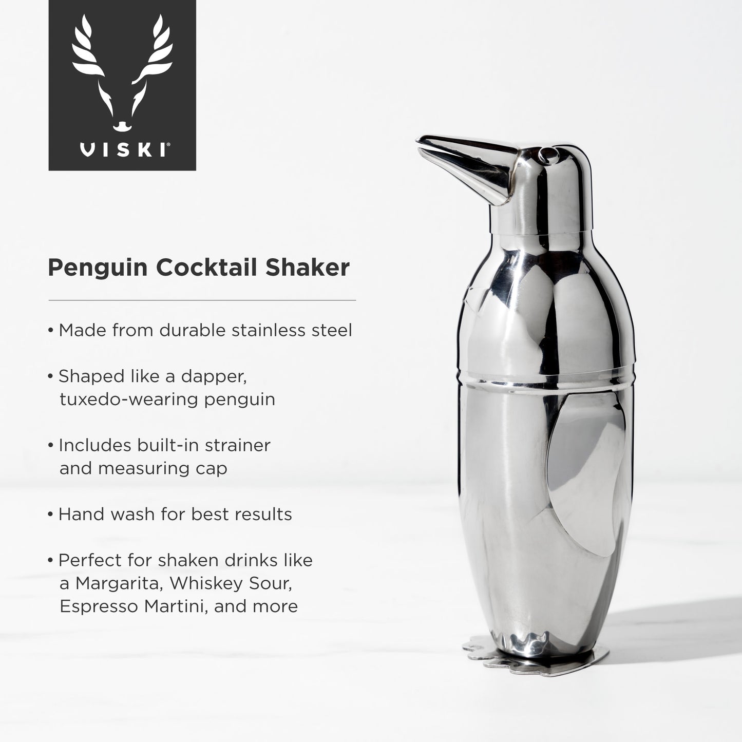Professional Penguin Cocktail Shaker - 17oz Stainless Steel with Built-In Strainer