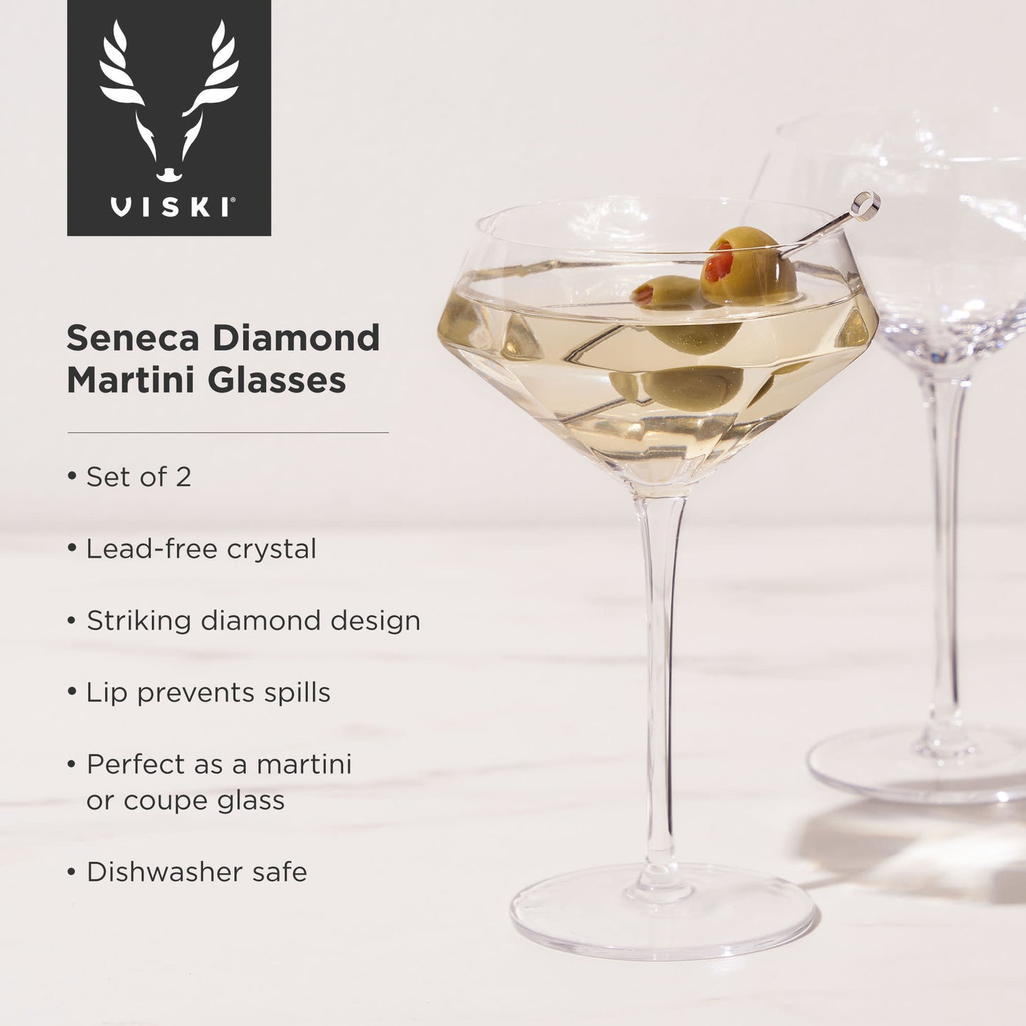 Seneca Crystal Diamond Martini Glasses | Set of 2 | Viski