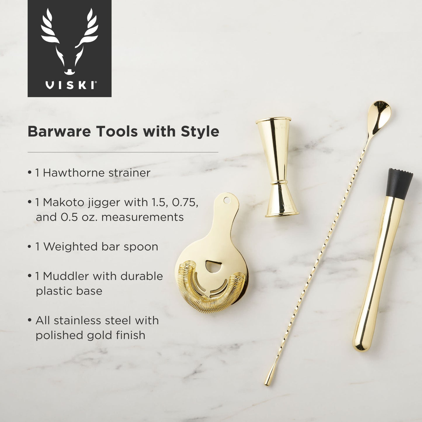 Viski Gold 7-Piece Bartender Kit | Professional Cocktail Tool Set