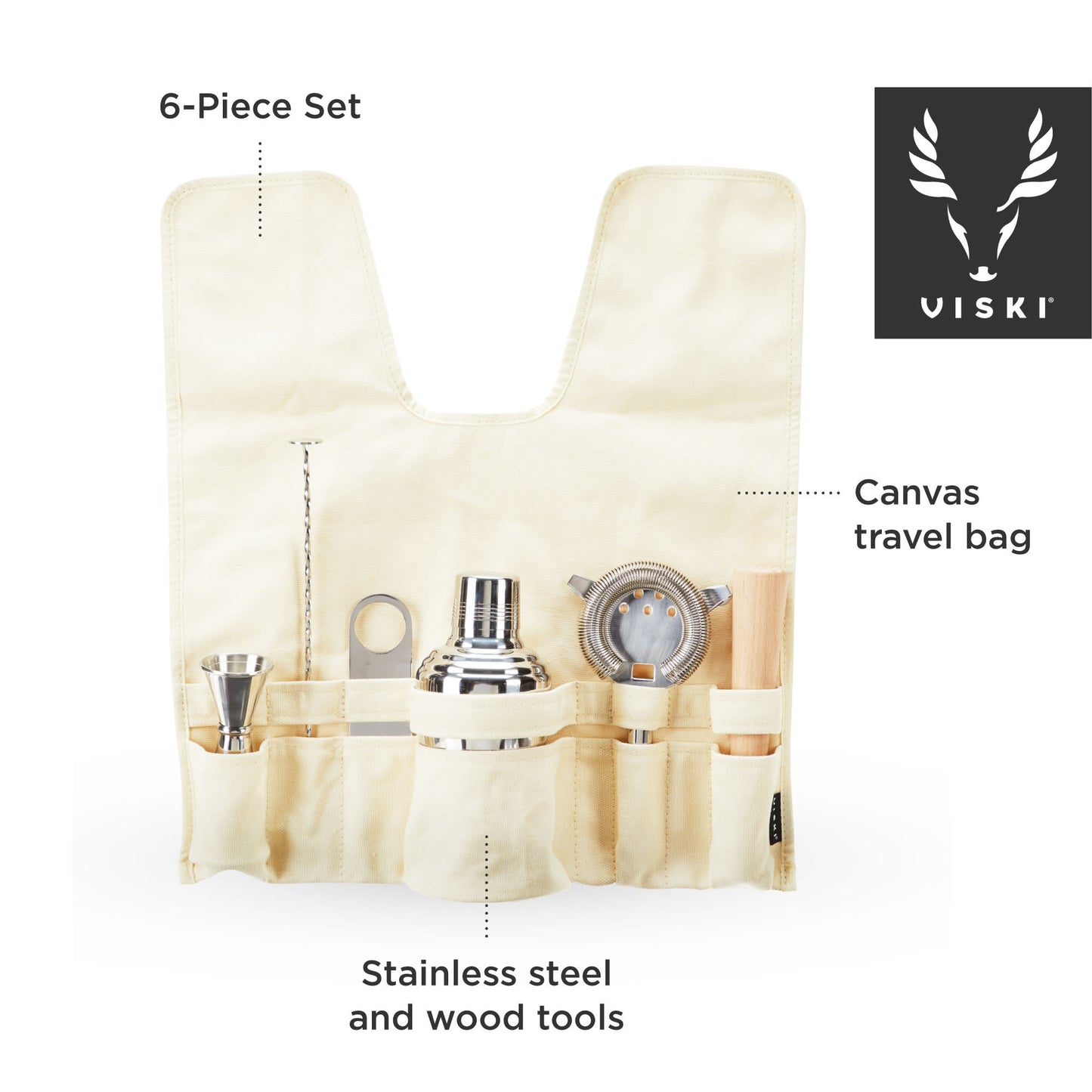 Portable Cocktail Kit - 6-Piece Premium Travel Bartending Set with Canvas Case