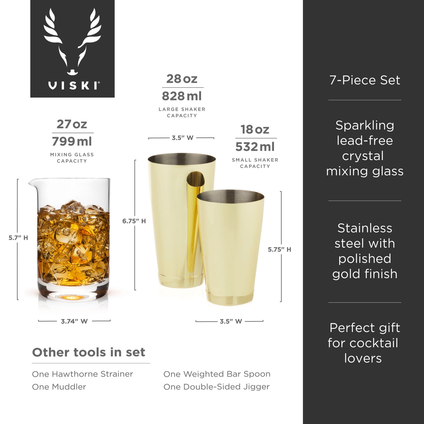 Viski Gold 7-Piece Bartender Kit | Professional Cocktail Tool Set