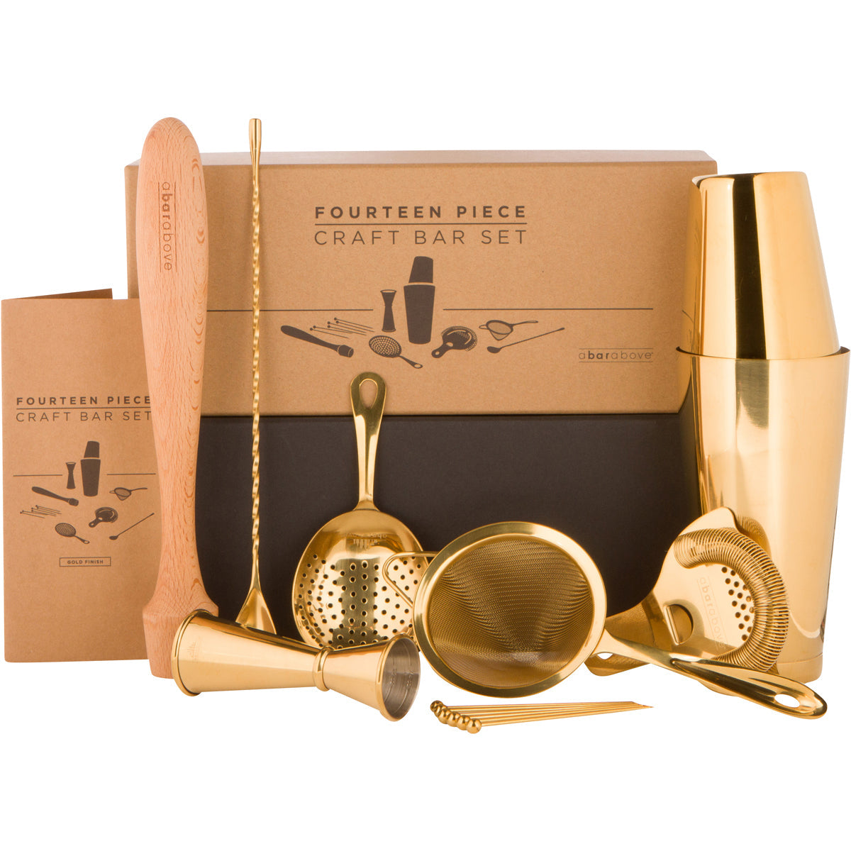 Professional Gold Mixologist Bar Set - 14-Piece Stainless Steel Cocktail Kit with Boston Shaker, 3 Strainers & Hardwood Muddler