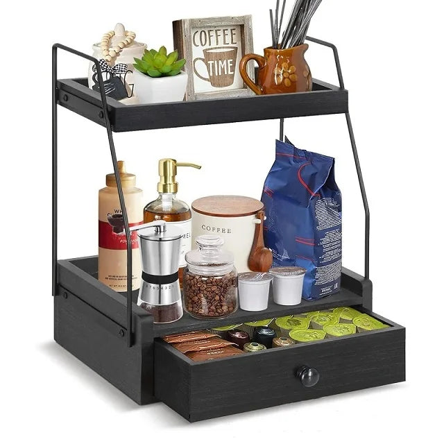 Premium 2-Tier Coffee Station Organizer with Drawer - Wood Counter Shelf