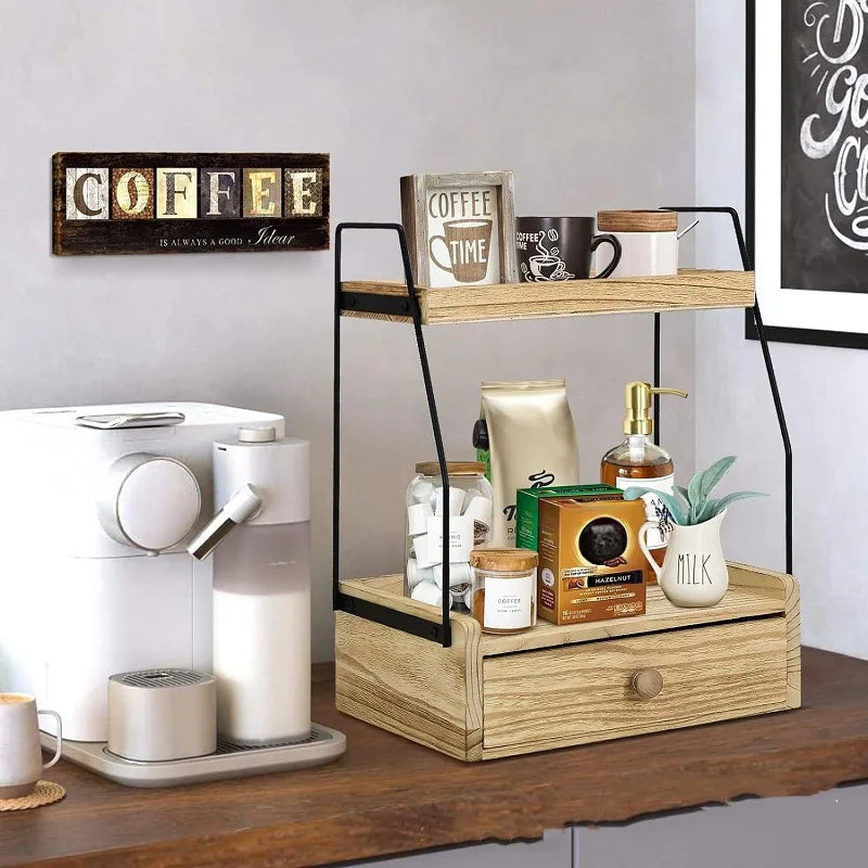 Premium 2-Tier Coffee Station Organizer with Drawer - Wood Counter Shelf