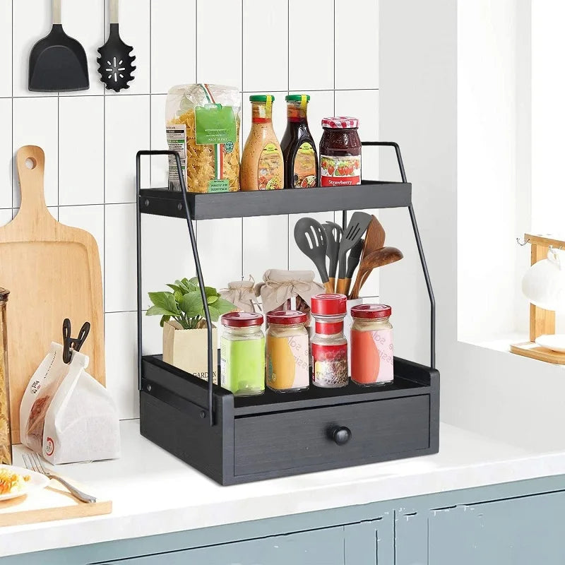 Premium 2-Tier Coffee Station Organizer with Drawer - Wood Counter Shelf