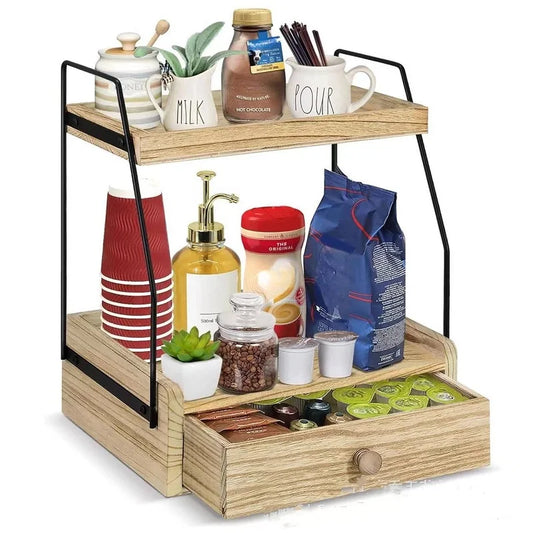 Premium 2-Tier Coffee Station Organizer with Drawer - Wood Counter Shelf