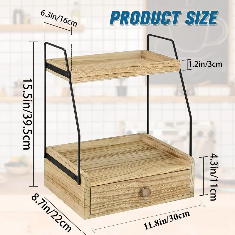 Premium 2-Tier Coffee Station Organizer with Drawer - Wood Counter Shelf