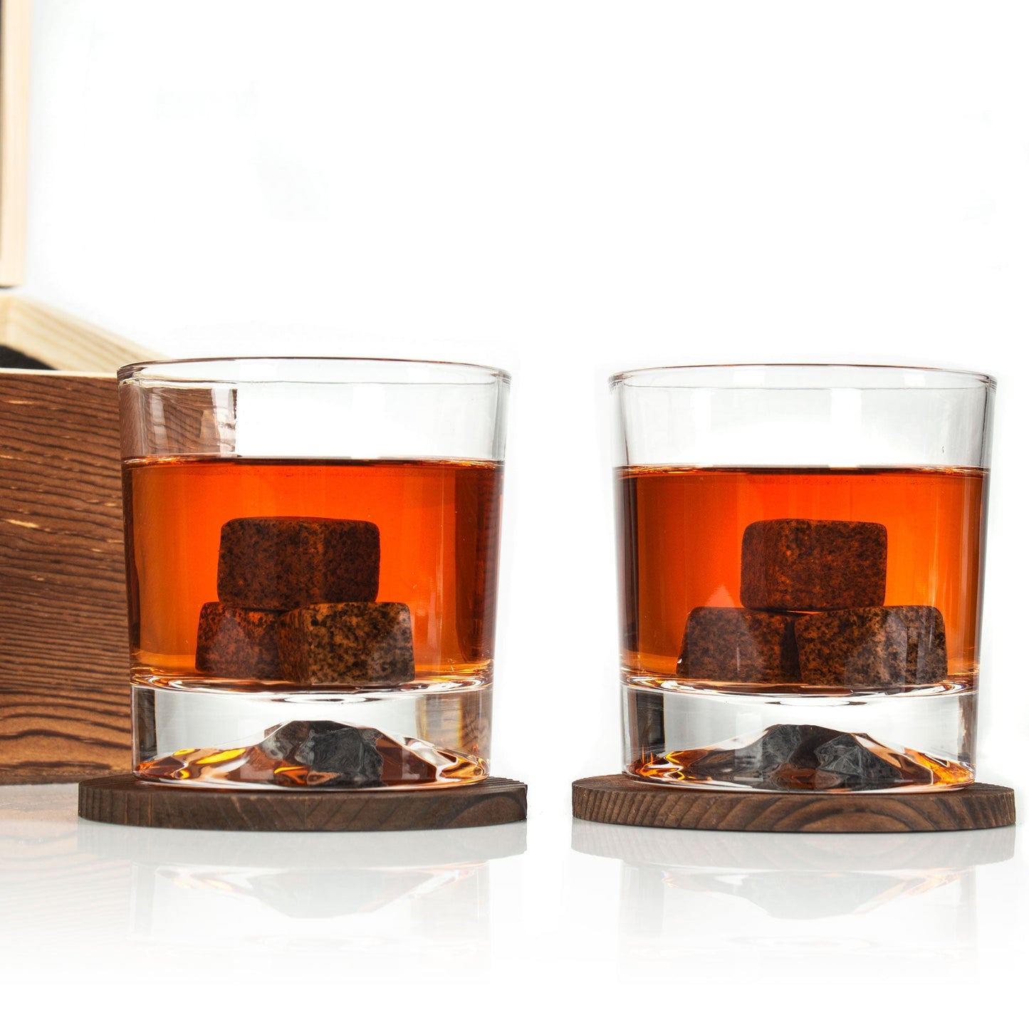 Whiskey Glass Set in Gift Wood Box | Push-Up Design Glasses with Whiskey Stones & Coasters | Barsonist