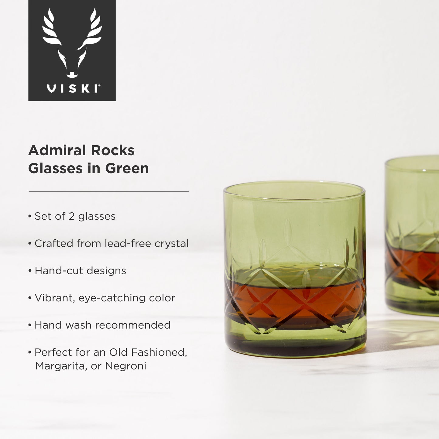 Admiral Cut Crystal Green Rocks Glasses by Viski, Set of 2 | Barsonist