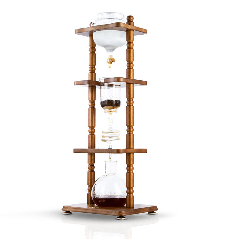 Yama Glass Cold Brew Tower - Curved Brown Wood Frame | 32oz Kyoto-Style Slow Drip Coffee Brewer | Barsonist