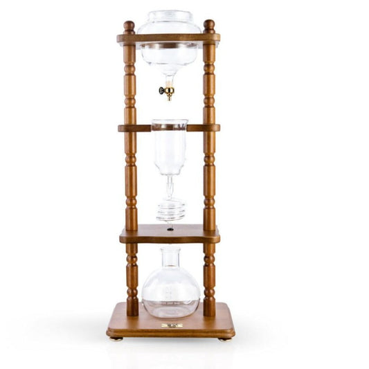 Yama Glass Cold Brew Tower - Curved Brown Wood Frame | 32oz Kyoto-Style Slow Drip Coffee Brewer | Barsonist