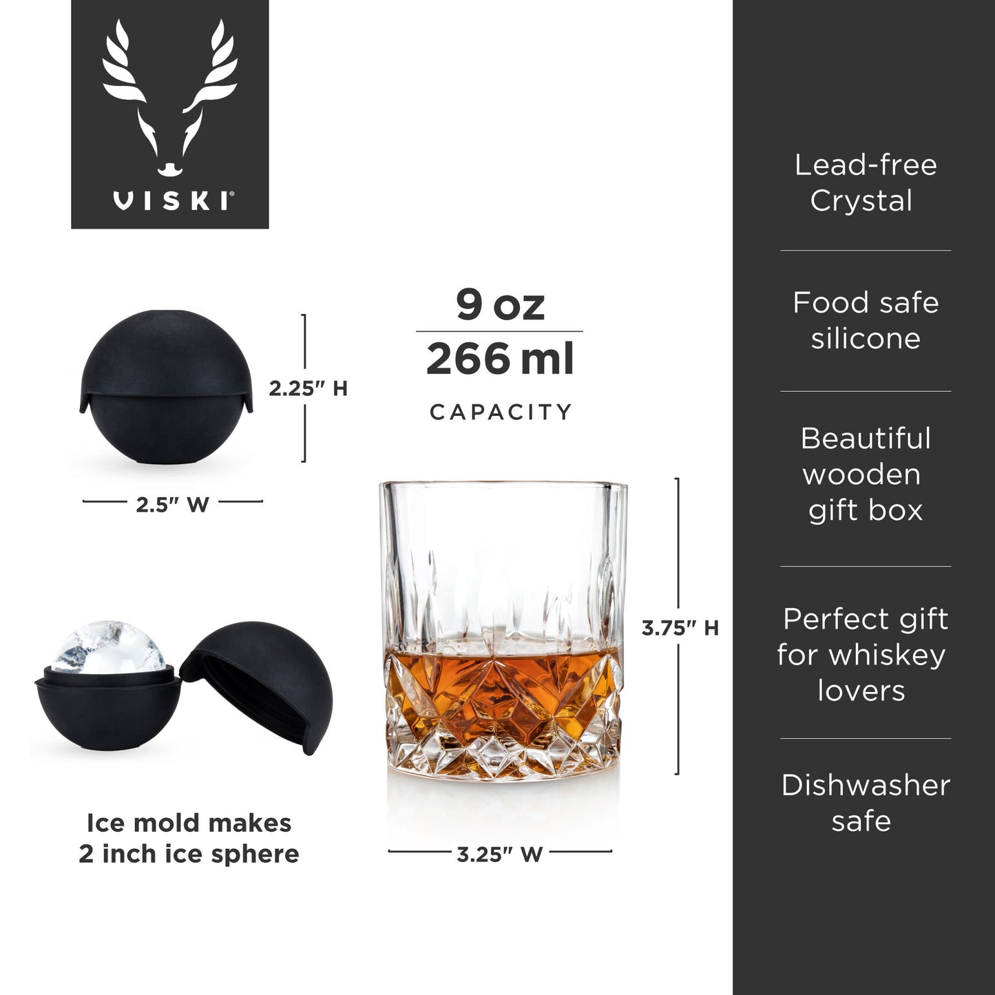 Crystal Liquor Glass, Ice Sphere Wood Box Viski® (Set of 8)