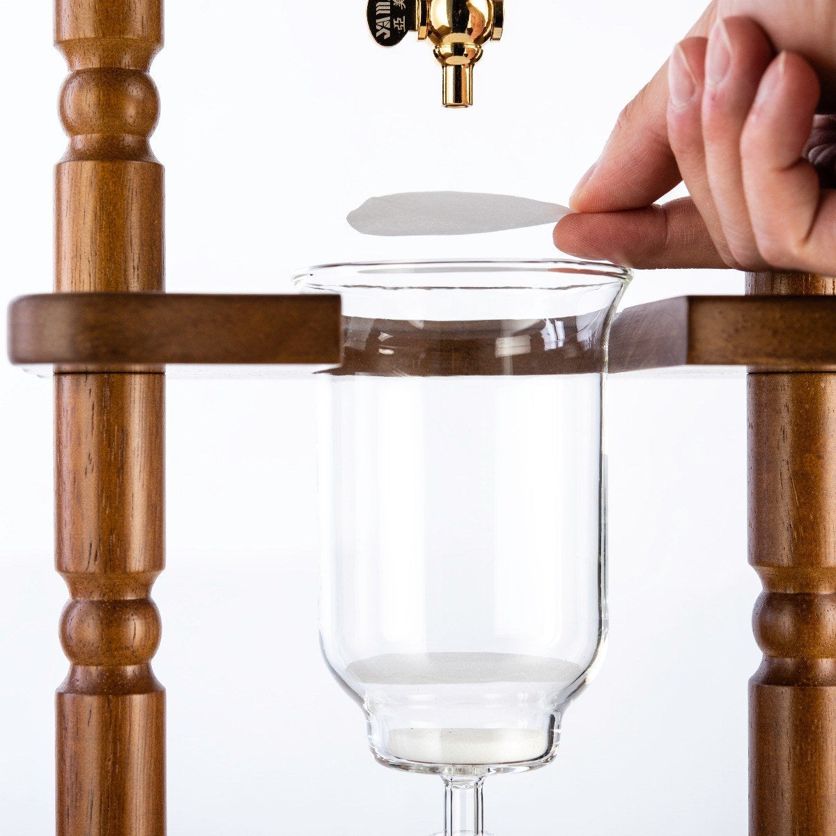 Yama Glass Cold Brew Tower - Curved Brown Wood Frame | 32oz Kyoto-Style Slow Drip Coffee Brewer | Barsonist