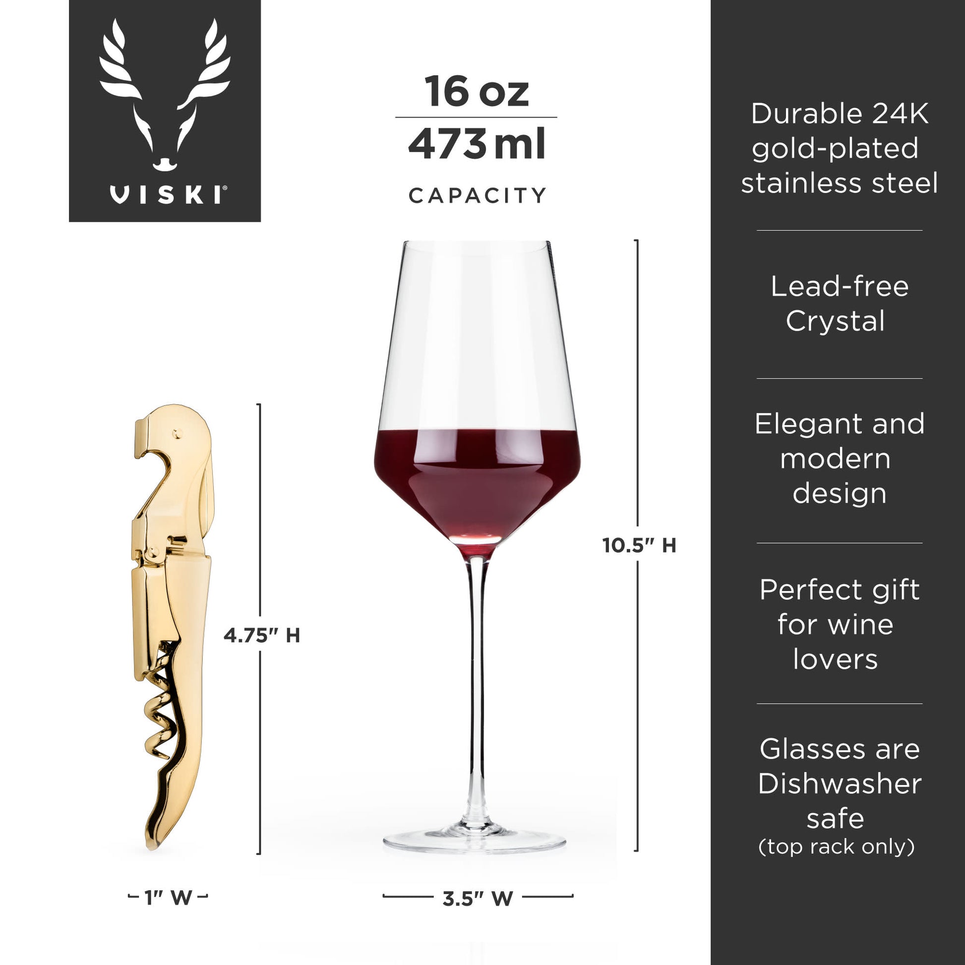Raye Crystal Wine Glass and Corkscrew Gift Set by Viski, 3 Piece | Barsonist