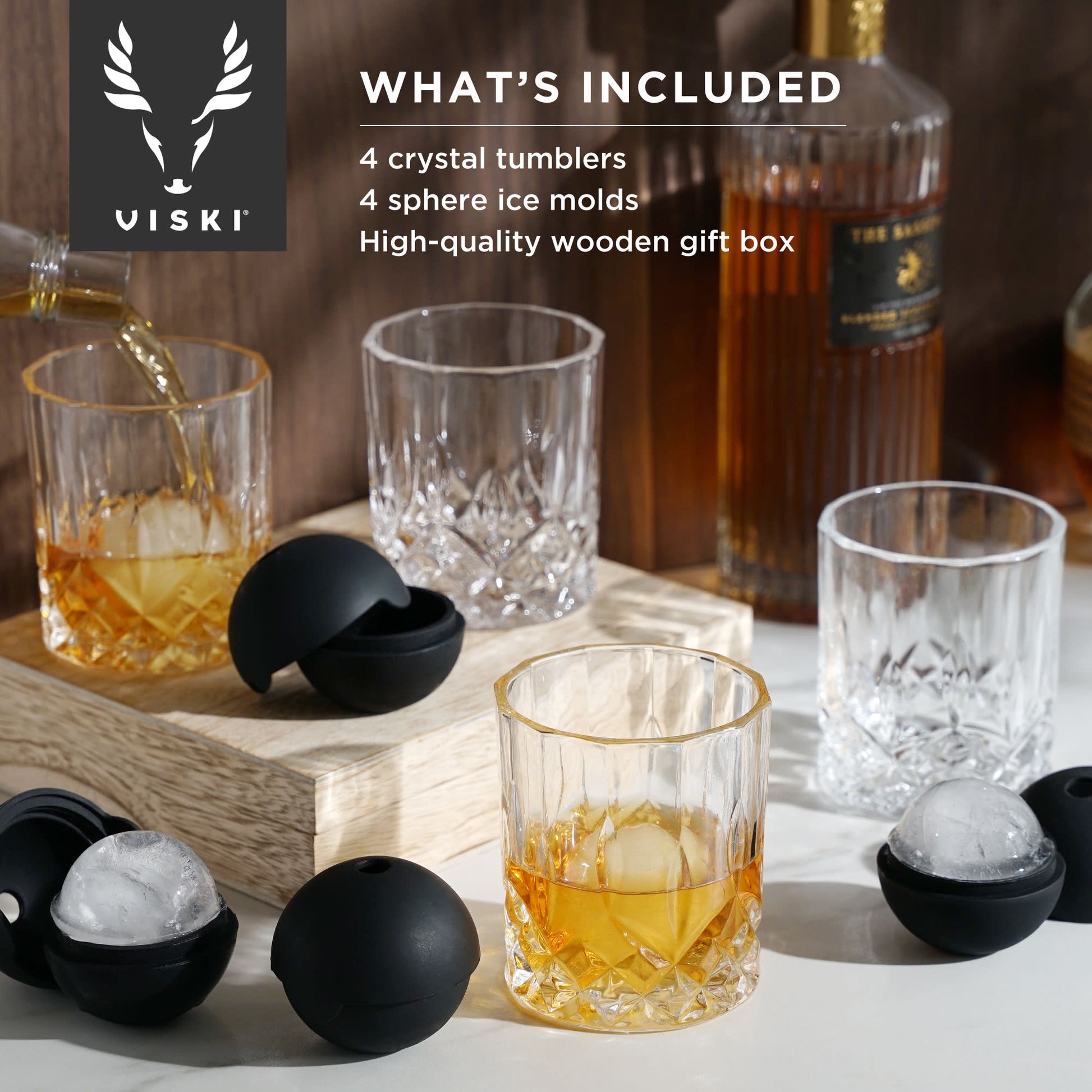 Crystal Liquor Glass, Ice Sphere Wood Box Viski® (Set of 8)