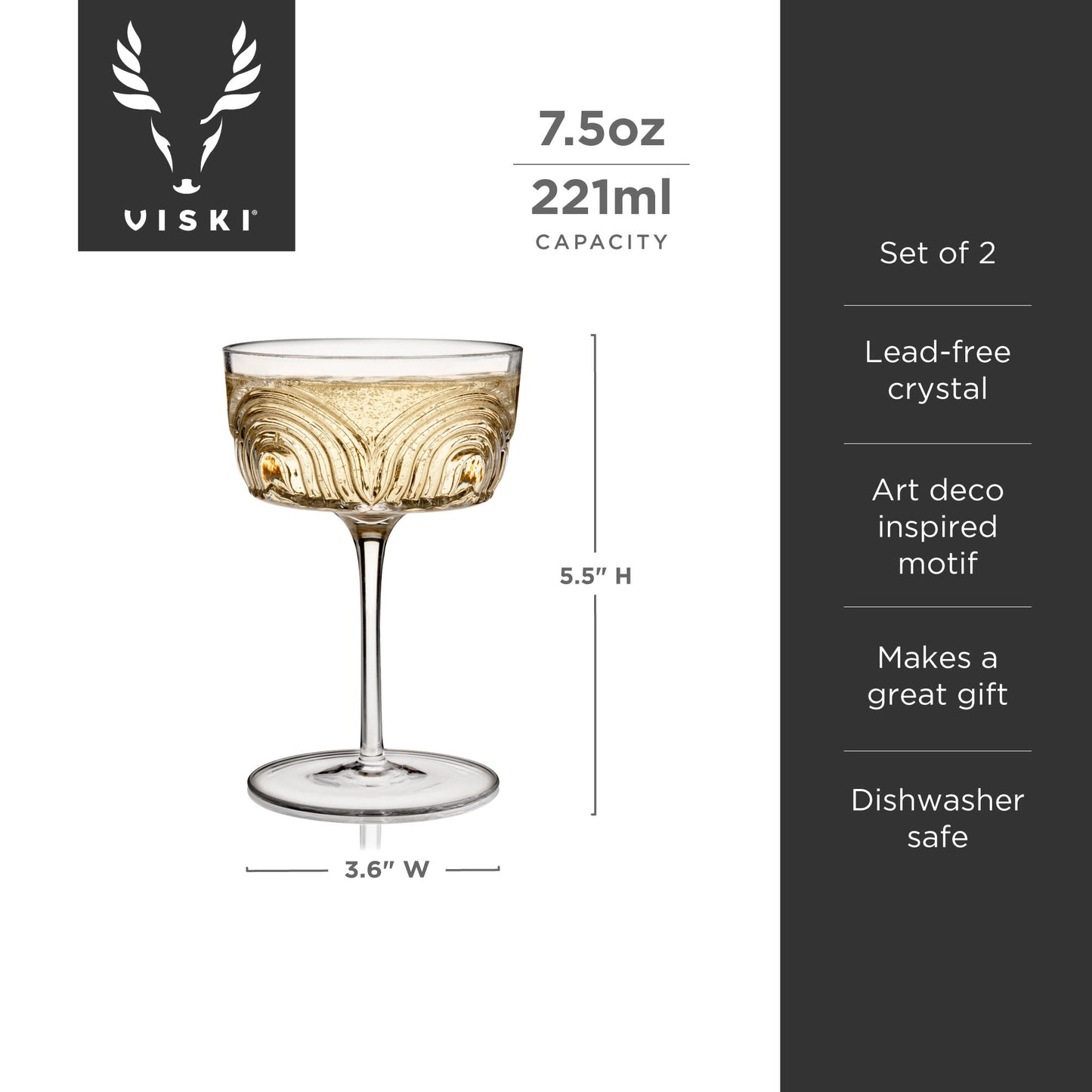 Deco Beau Crystal Coupe Glasses by Viski, Set of 2 | Barsonist