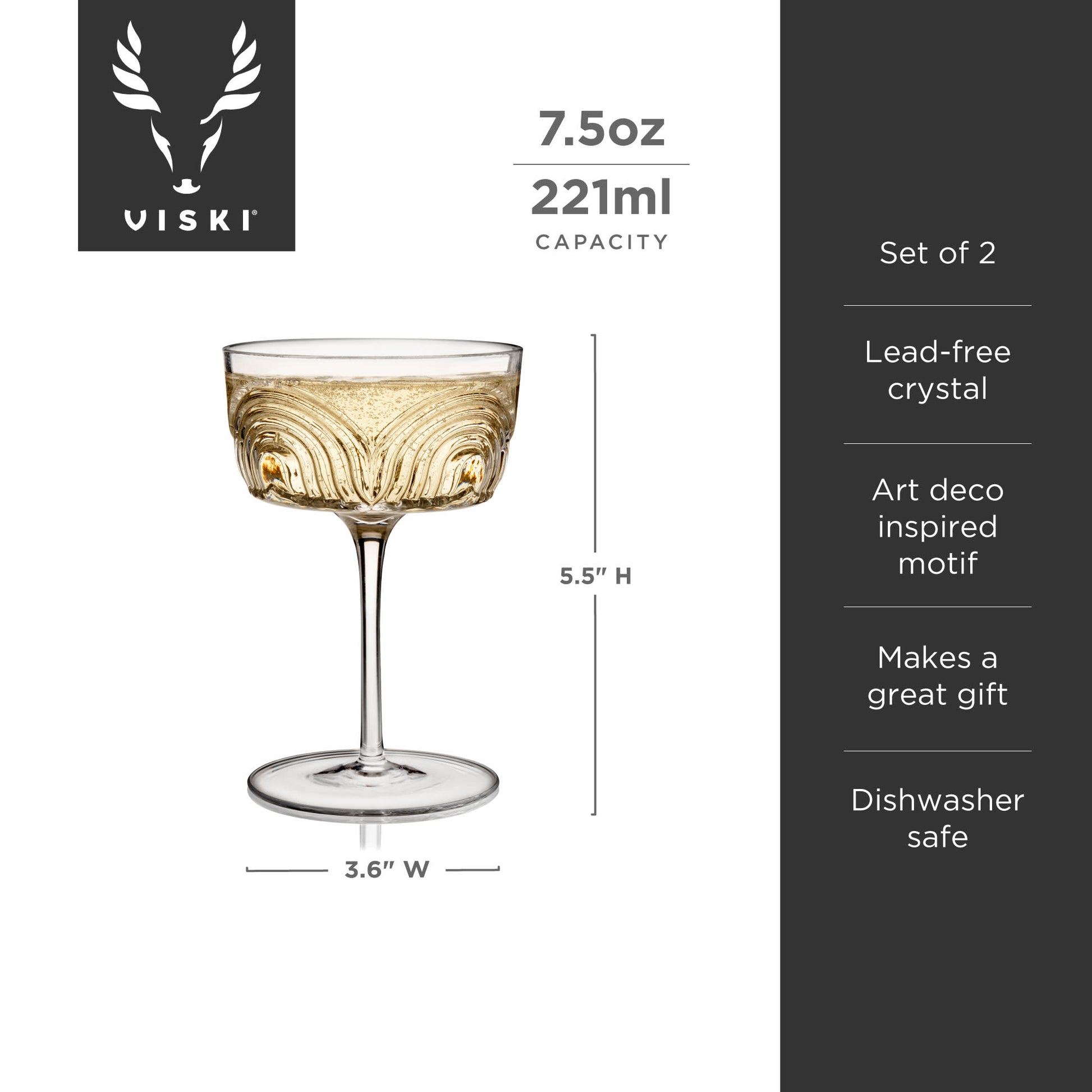 Deco Beau Crystal Coupe Glasses by Viski, Set of 2 | Barsonist