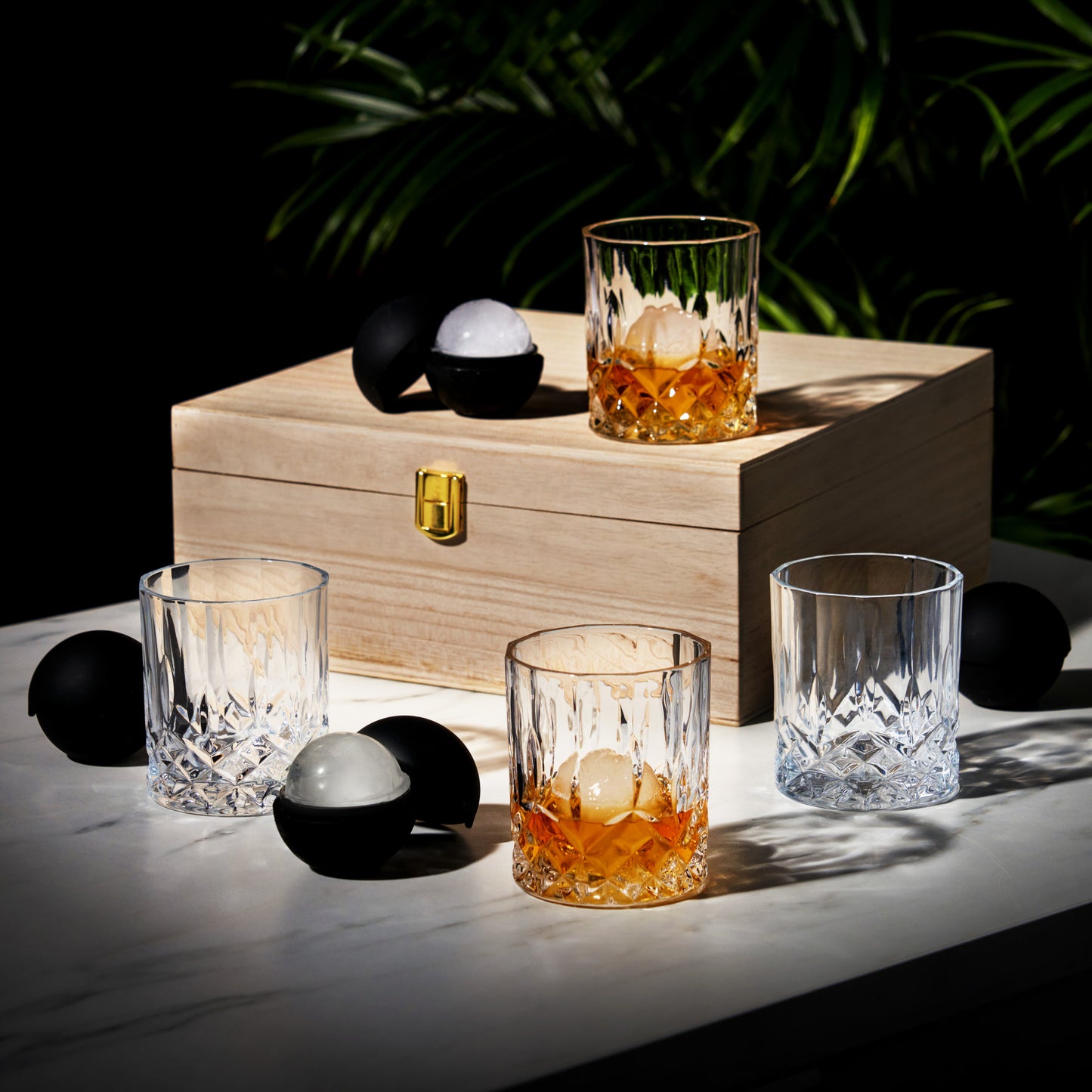 Crystal Liquor Glass, Ice Sphere Wood Box Viski® (Set of 8)