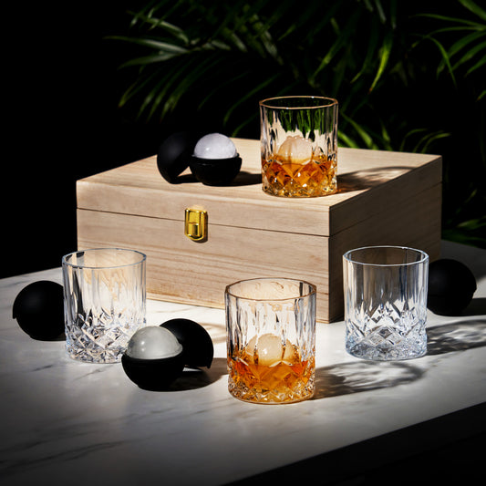 Crystal Liquor Glass, Ice Sphere Wood Box Viski® (Set of 8)