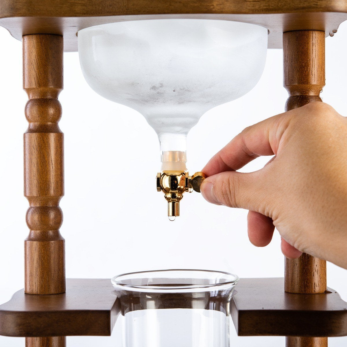 Yama Glass Cold Brew Tower - Curved Brown Wood Frame | 32oz Kyoto-Style Slow Drip Coffee Brewer | Barsonist