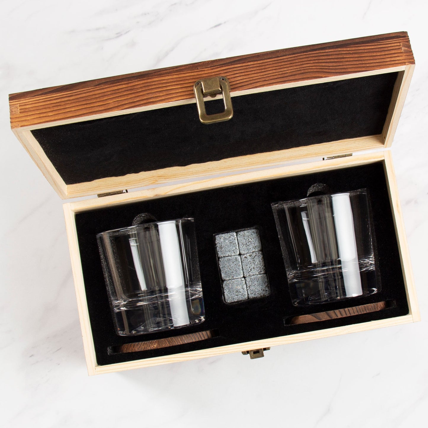 Whiskey Glass Set in Gift Wood Box | Push-Up Design Glasses with Whiskey Stones & Coasters | Barsonist